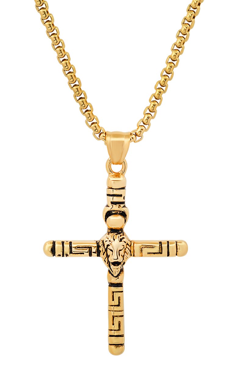 HMY JEWELRY Lion Head Cross Pendant Necklace, Main, color, Yellow