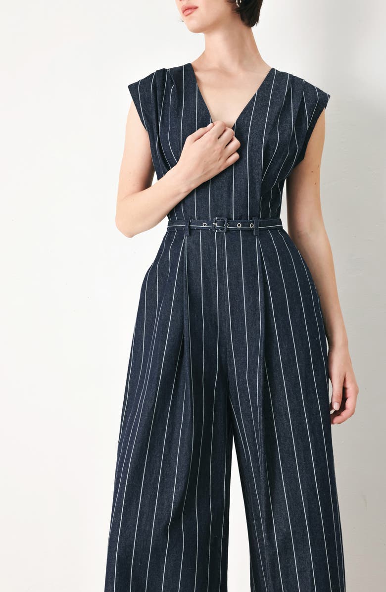 FREEMARKET Striped Wide Leg Jumpsuit, Alternate, color, Dark Denim