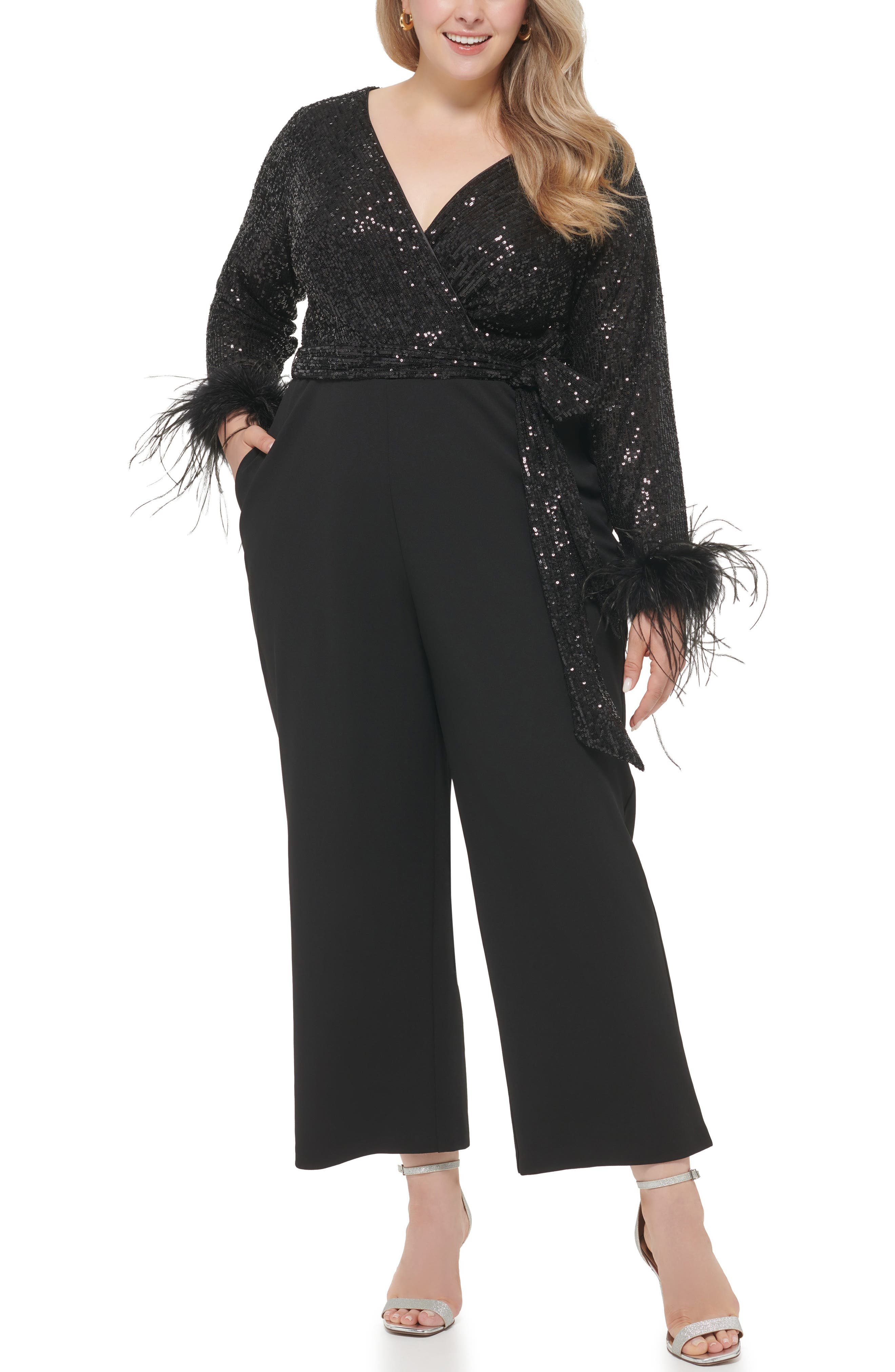 Sequin V-Neck Combo Jumpsuit with Feather Cuffs