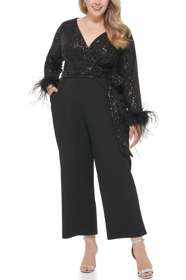 Sequin V-Neck Combo Jumpsuit with Feather Cuffs, Main, color, BLK