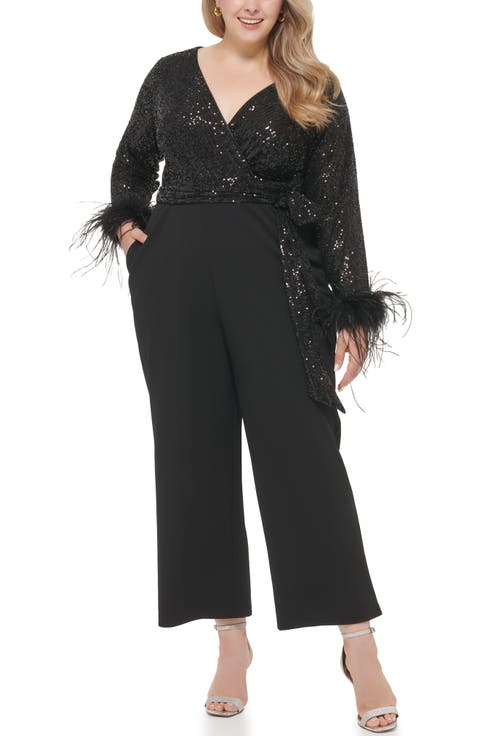 Sequin V-Neck Combo Jumpsuit with Feather Cuffs