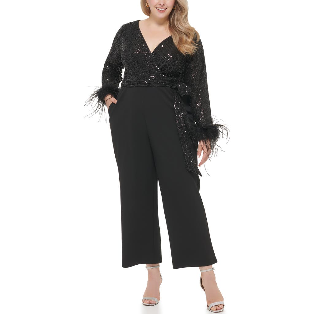 Eliza J Sequin V-neck Combo Jumpsuit With Feather Cuffs In Black