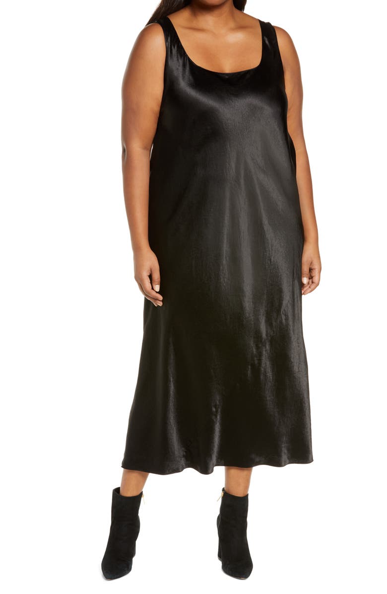 Vince Square Neck Satin Tank Dress, Main, color, Black