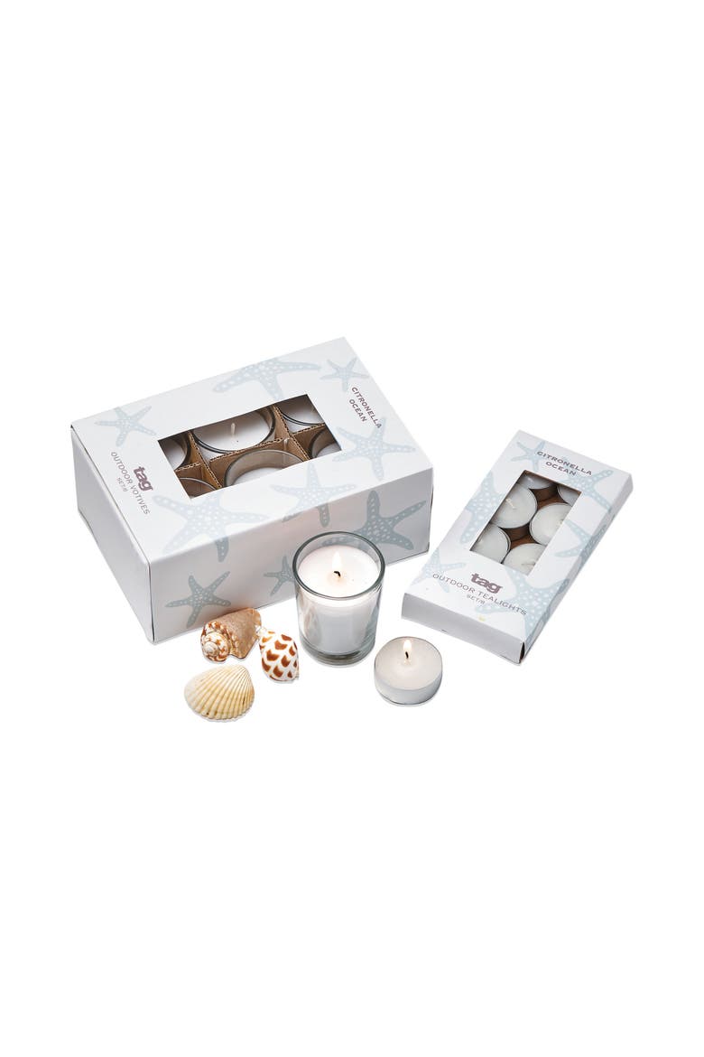 Citronella Ocean Glass Votives Set of Six Scented Candles, Alternate, color, Beige