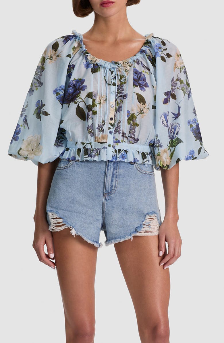 Alice + Olivia Mclaine Floral Crop Button-Up Shirt, Main, color, Fly Away
