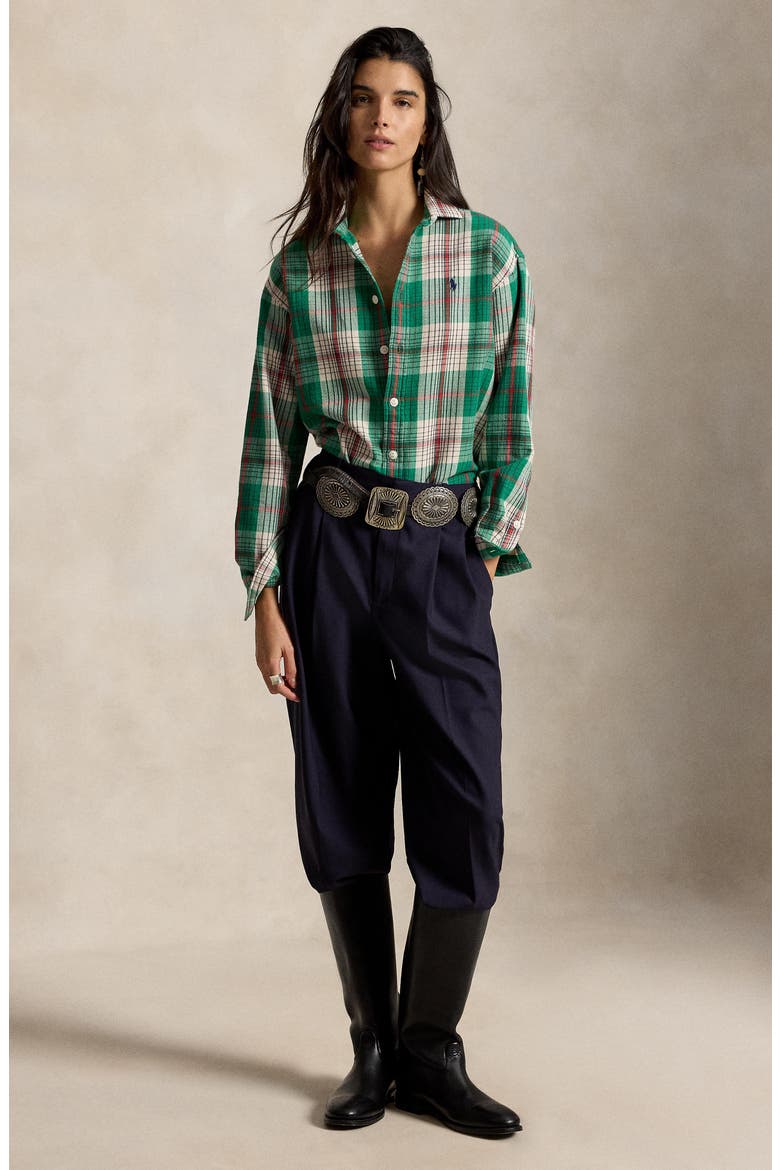 Relaxed Fit Plaid Shirt, Alternate, color, GREEN-CREAM MULTI