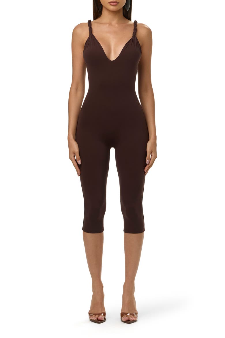 Deep Plunge Capri Jumpsuit, Main, color, DARK CHOCOLATE