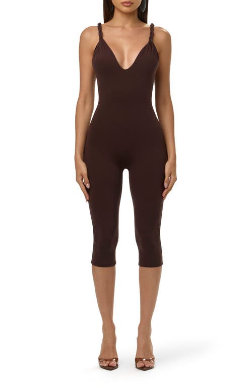 Naked Wardrobe Deep Plunge Capri Jumpsuit In Dark Chocolate