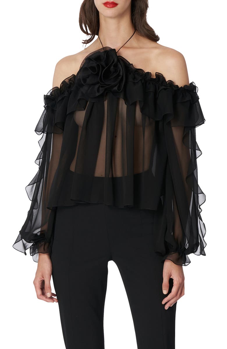 Carolina Herrera Sheer Off the Shoulder Halter Neck Silk Chiffon Blouse, Main, color, 