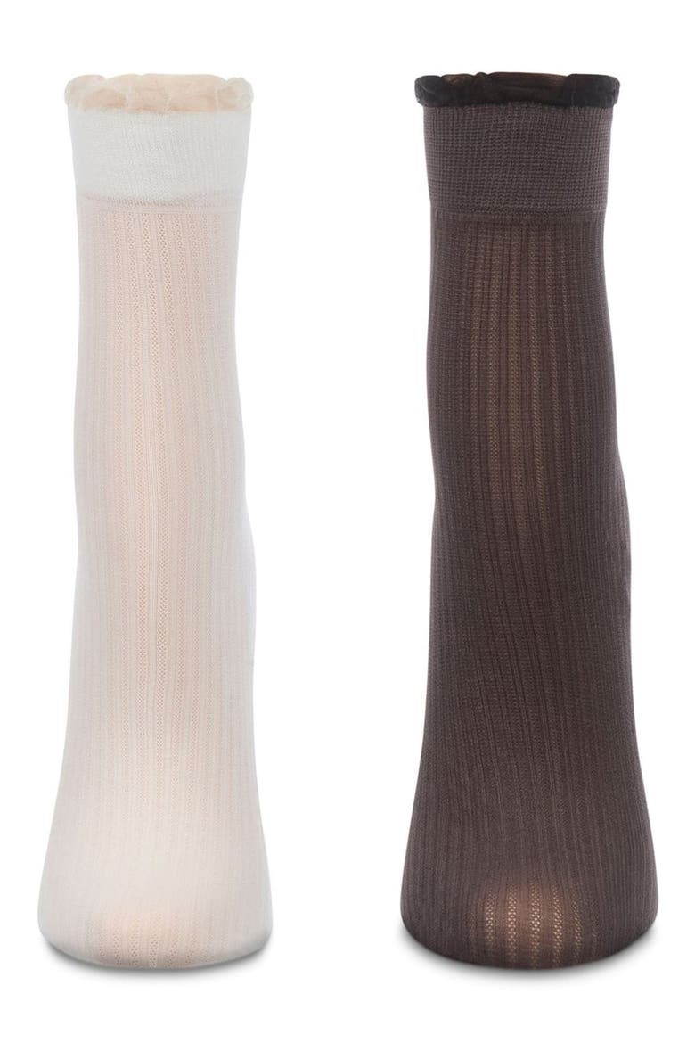 Pack of 2 Ruffled Crew Socks, Alternate, color, BROWN MULTI