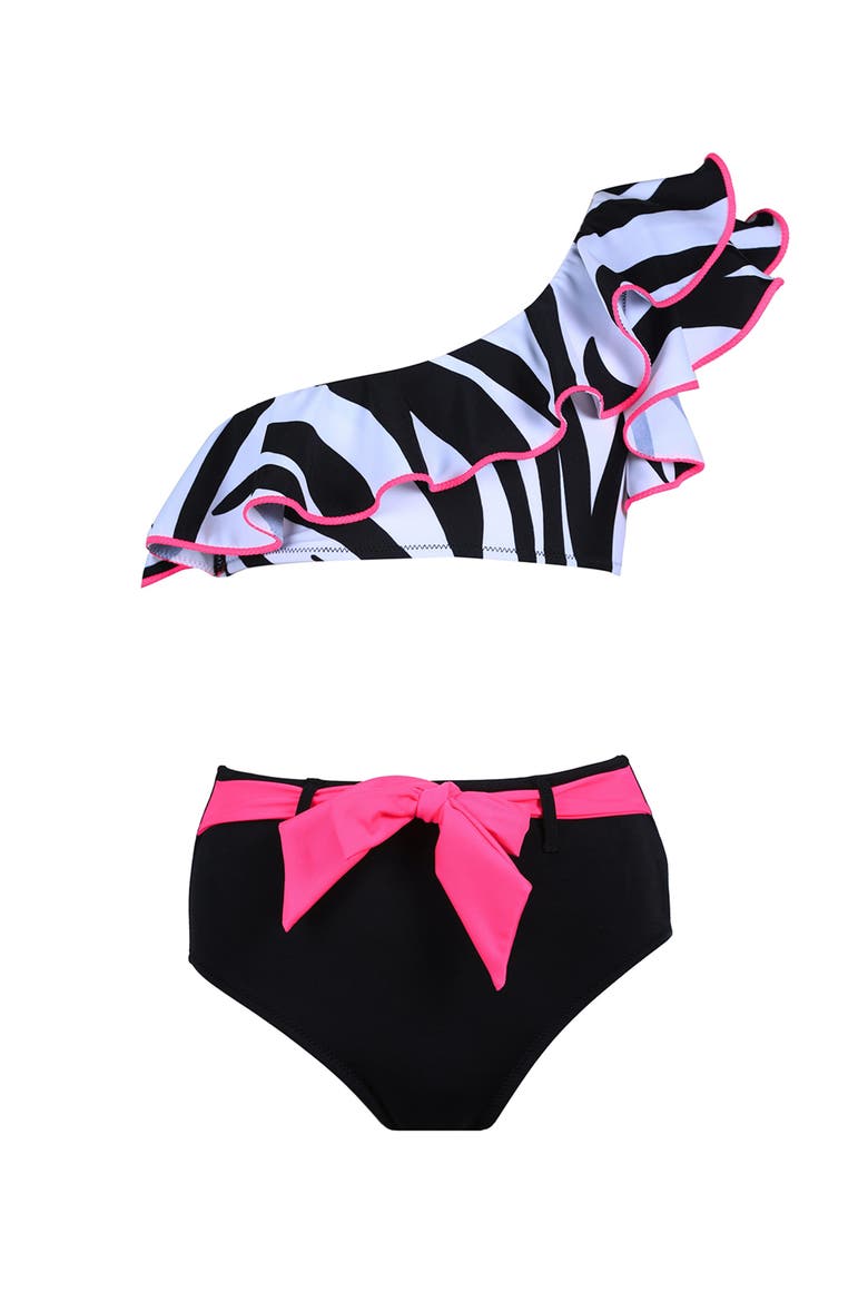 Kids' One Shoulder Zebra Print Two Piece Bikini, Main, color, Black-White