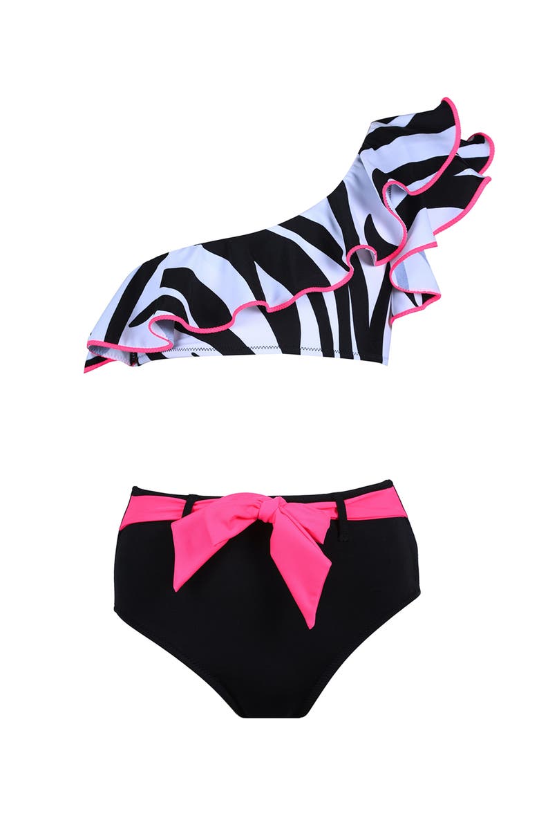 NESSI BYRD Kids' One Shoulder Zebra Print Two Piece Bikini, Main, color, Black-White