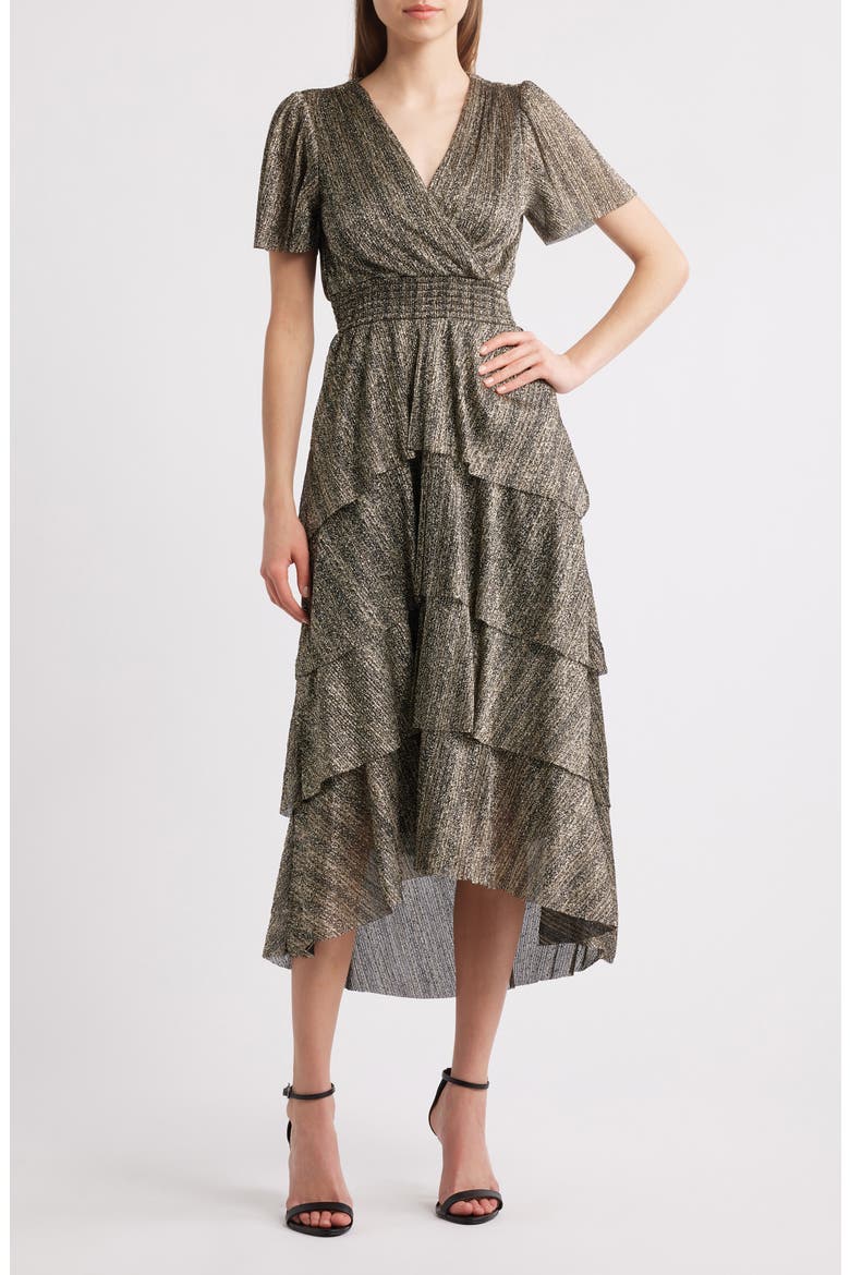 Metallic Tiered Midi Dress, Main, color, RICH BLACK
