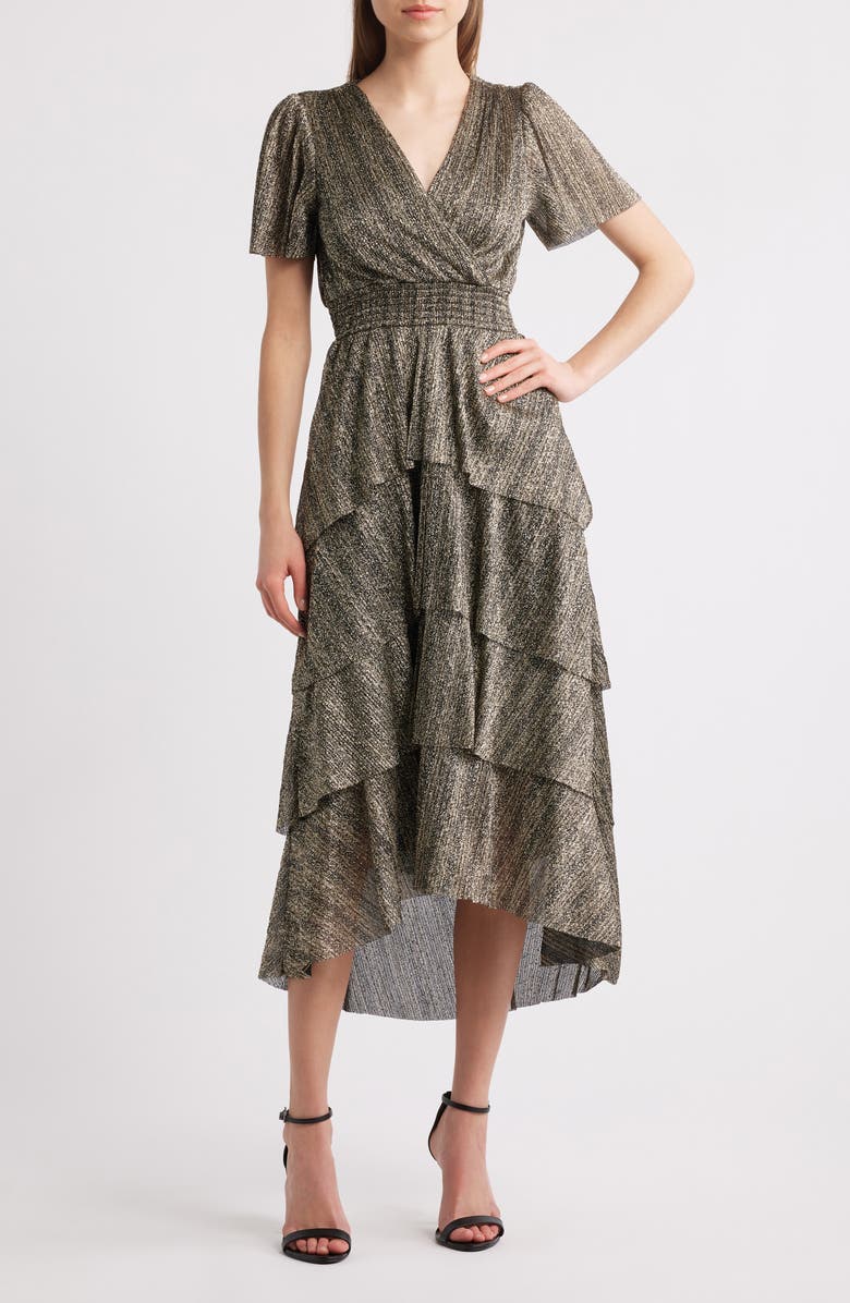 Vince Camuto Metallic Tiered Midi Dress, Main, color, Rich Black