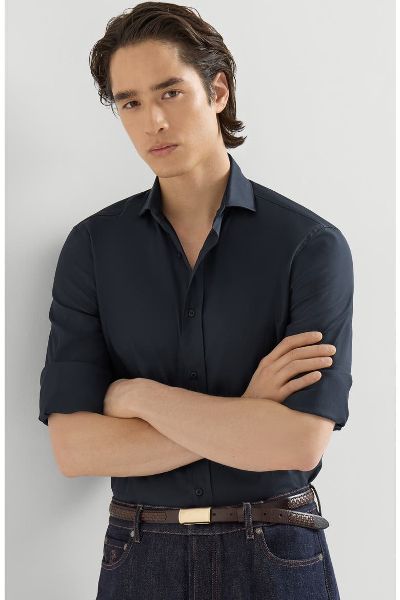 Garment-dyed twill  shirt with spread collar, Alternate, color, Navy Blue