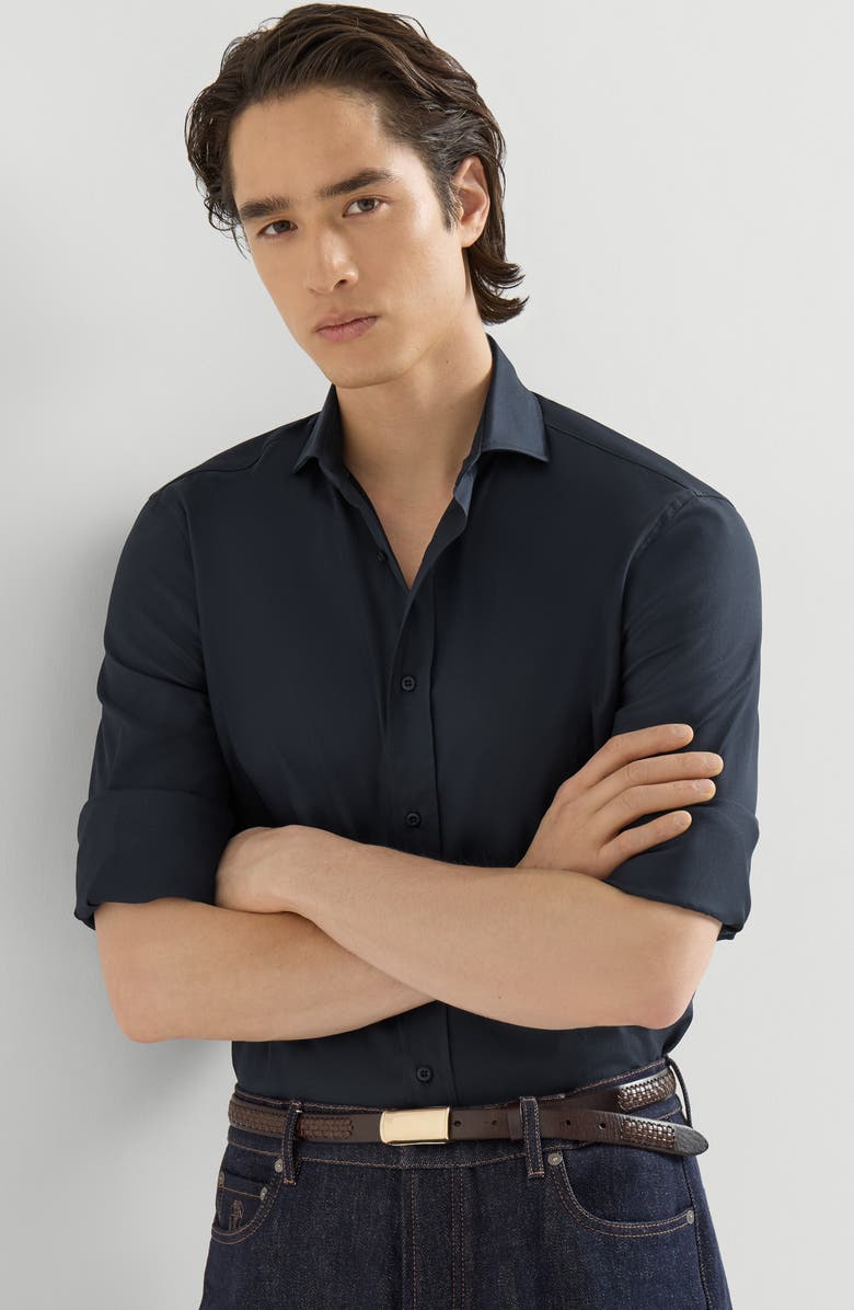 Brunello Cucinelli Garment-dyed twill  shirt with spread collar, Alternate, color, Navy Blue