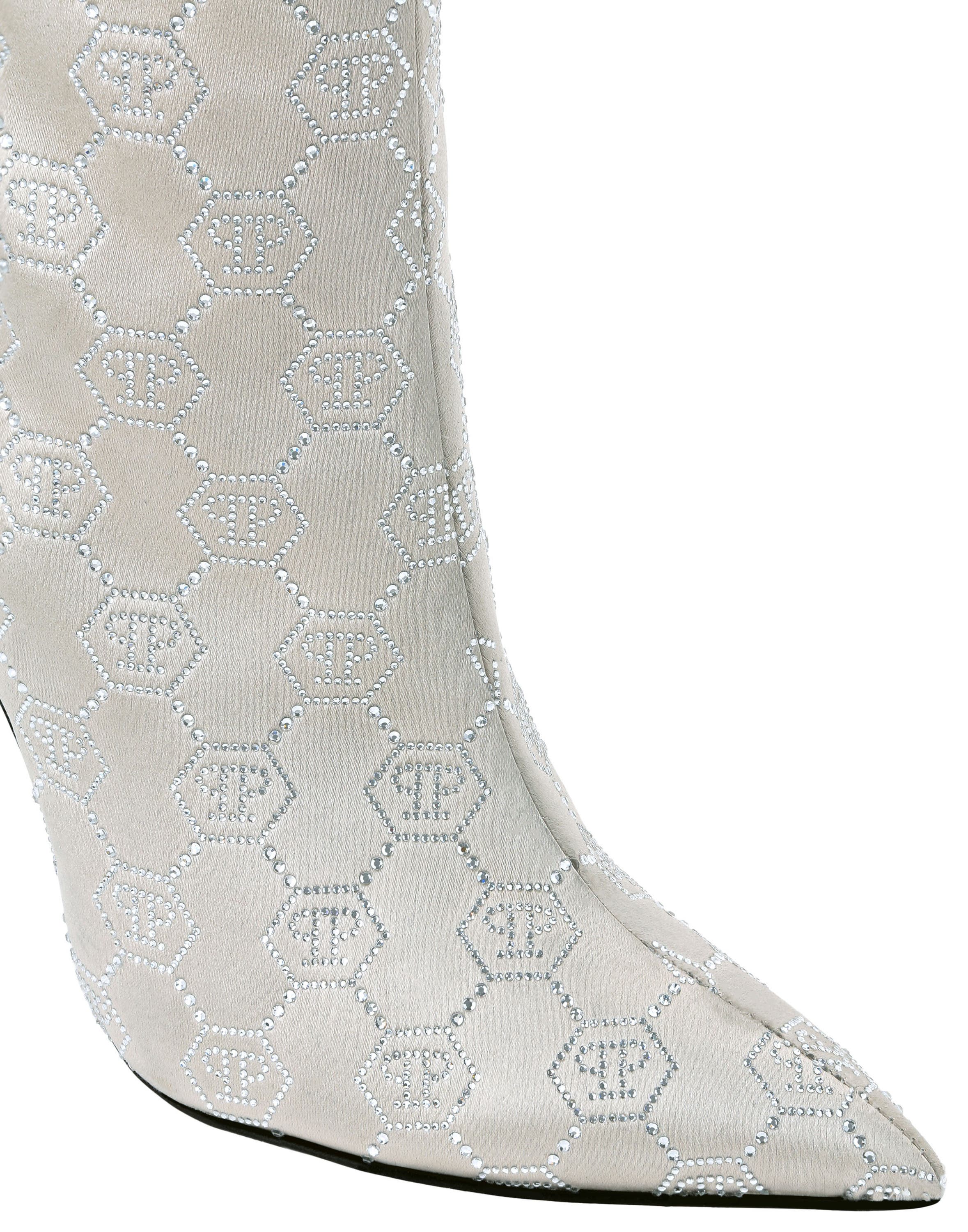 Satin Boots High Heels Mid Monogram Strass Women, Alternate, color, beige