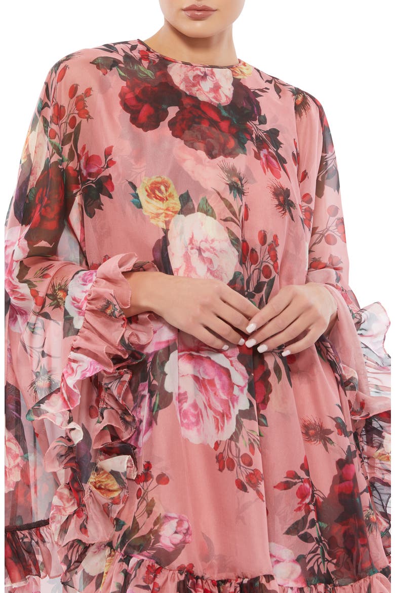 Floral High Neck Mini Dress with Cape Overlay and Ruffle Hem, Alternate, color, ROSE MULTI