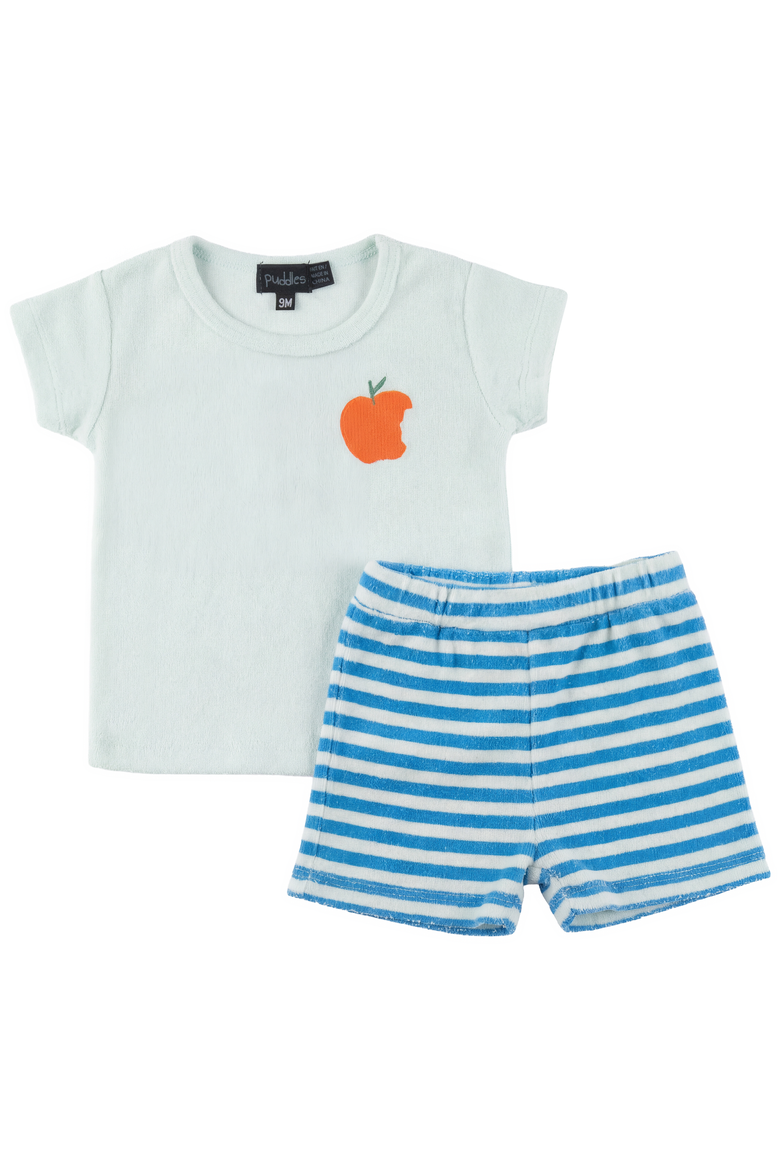 Boy Terry Peach Chest Artwork T-Shirt & Striped Shorts Two Piece Set, Main, color, Sage