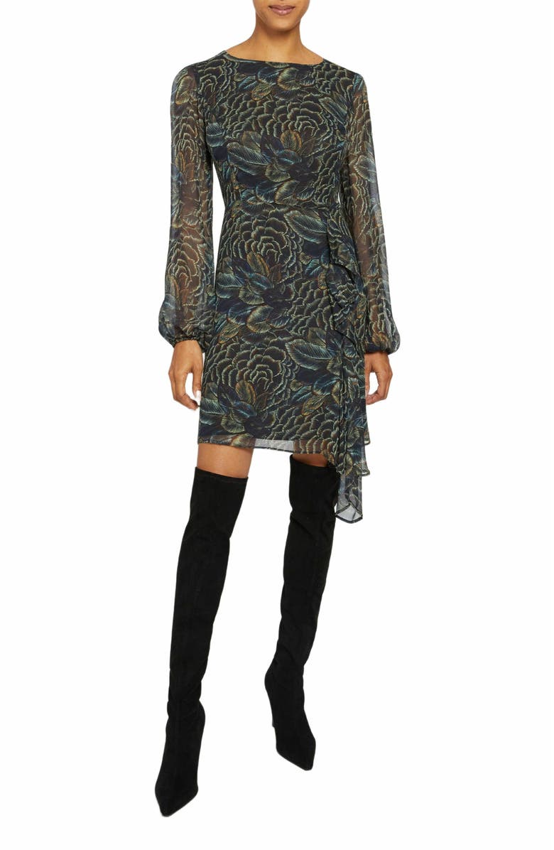 Santorelli MALIA Long Sleeve Dress with Side Ruffle Panel in Abstract Floral Print, Alternate, color, 
