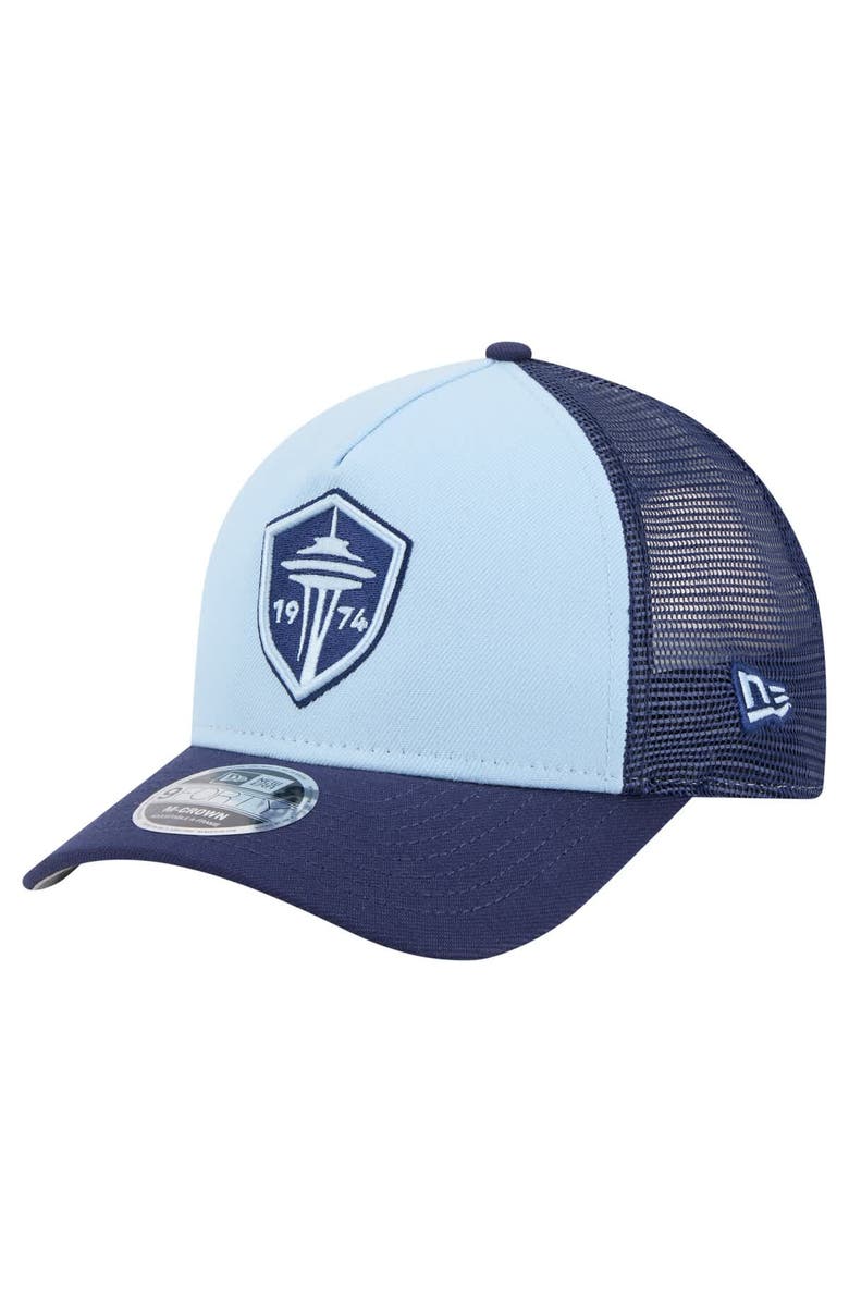 New Era Men's New Era Light Blue Seattle Sounders FC Color Pack 9FORTY A-Frame Adjustable Trucker Hat, Main, color, 