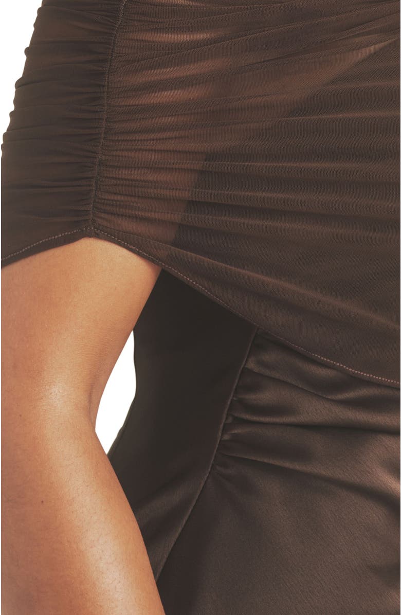 Six Stories Bardot Detail Satin Midaxi Dress, Alternate, color, Mocha