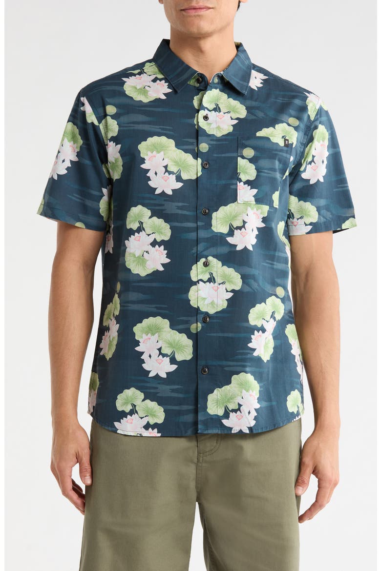 Journey Floral Short Sleeve Button-Up Shirt, Main, color, NAVY FLORA