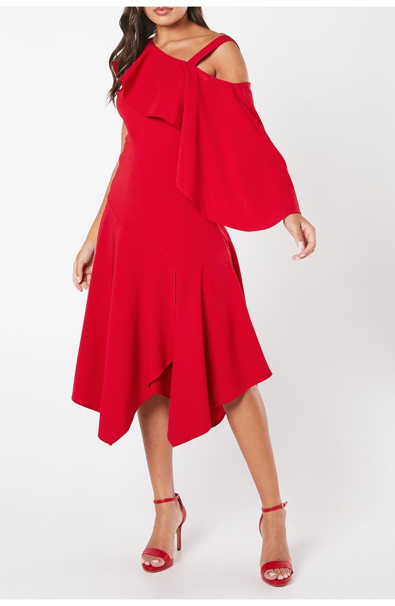 Coast One Shoulder Ruffle Crepe Midi Dress, Alternate, color, Red