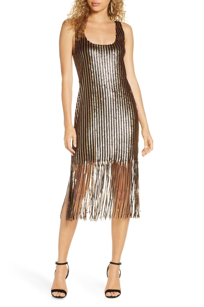 BB Dakota Girl's Best Friend Sequin Fringe Sleeveless Sheath Dress, Main, color, BLACK