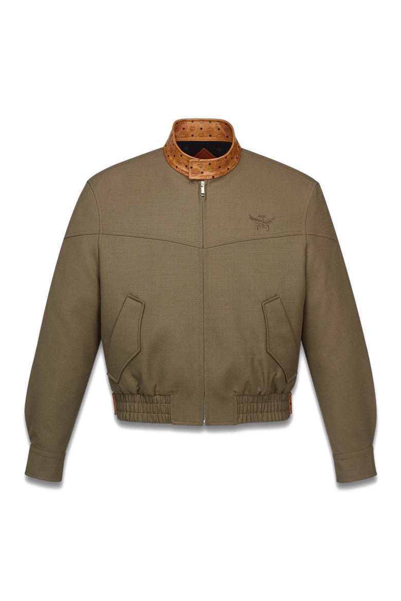 Jacket in Wool Twill and Monogram Print Leather, Alternate, color, Khaki