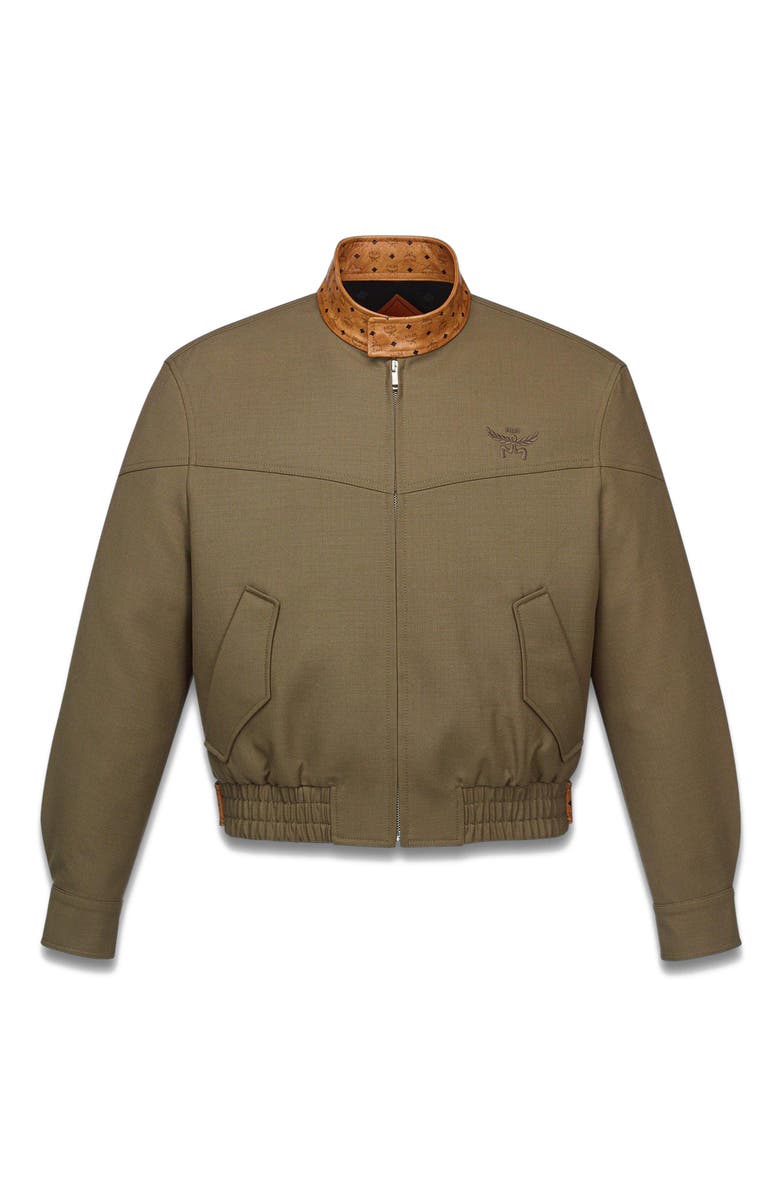 MCM Jacket in Wool Twill and Monogram Print Leather, Alternate, color, Khaki