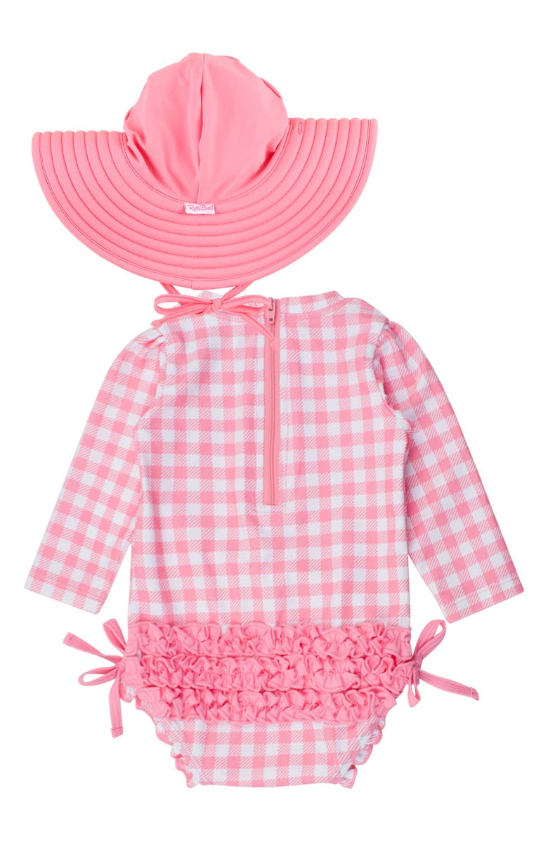 RuffleButts Bubblegum Gingham Long Sleeve One-Piece Rashguard Swimsuit & Hat Set, Alternate, color, 