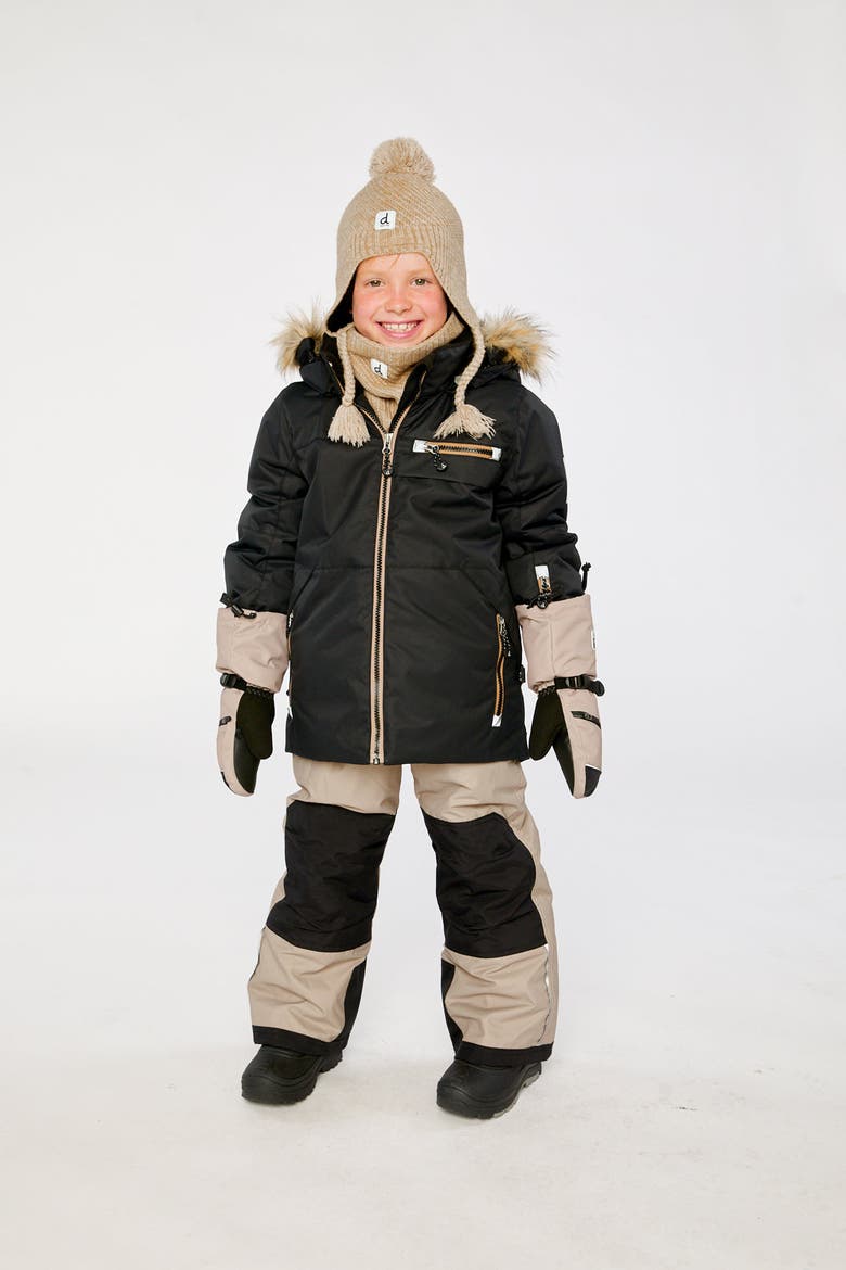 Play Faux Fur Hood Jacket & Reinforced Pants Two Piece Snowsuit, Alternate, color, Black and Beige