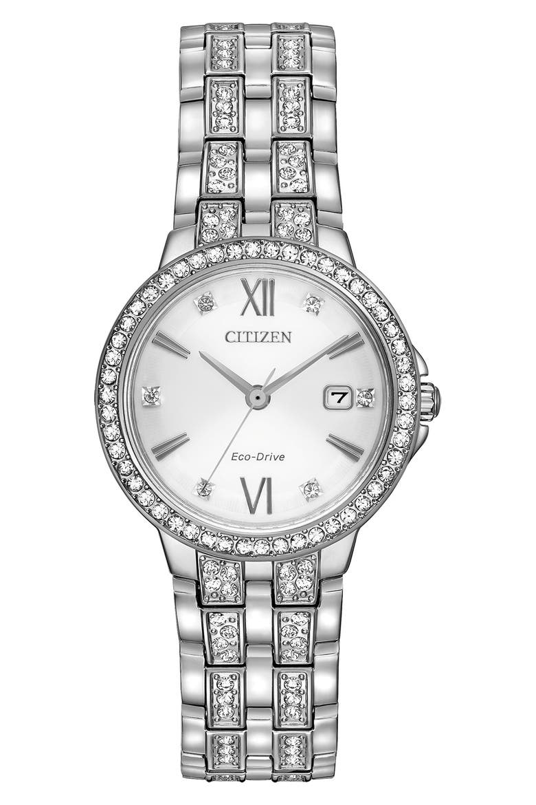 Eco-Drive Crystal Bracelet Strap Watch, 28mm, Main, color, SILVER