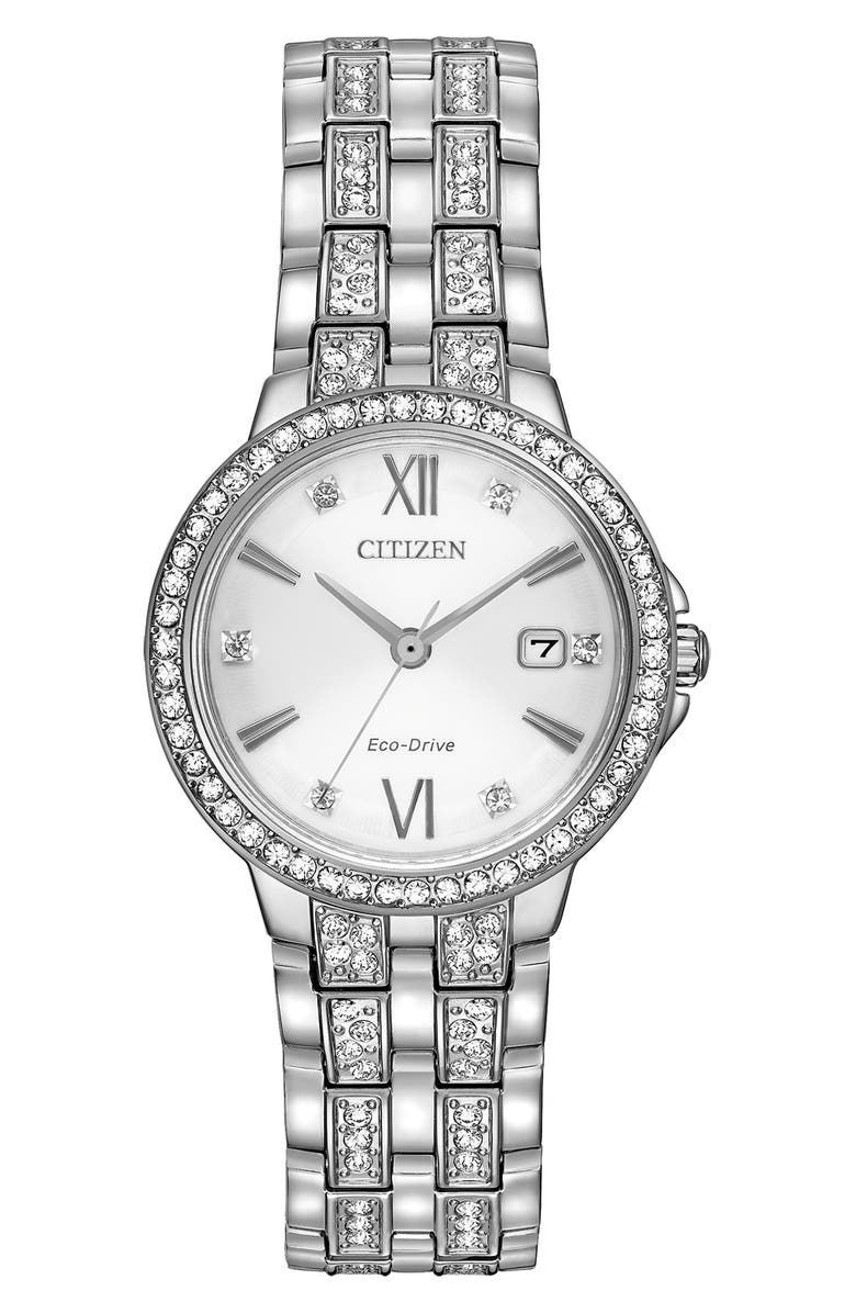 Citizen Eco-Drive Crystal Bracelet Strap Watch, 28mm, Main, color, Silver
