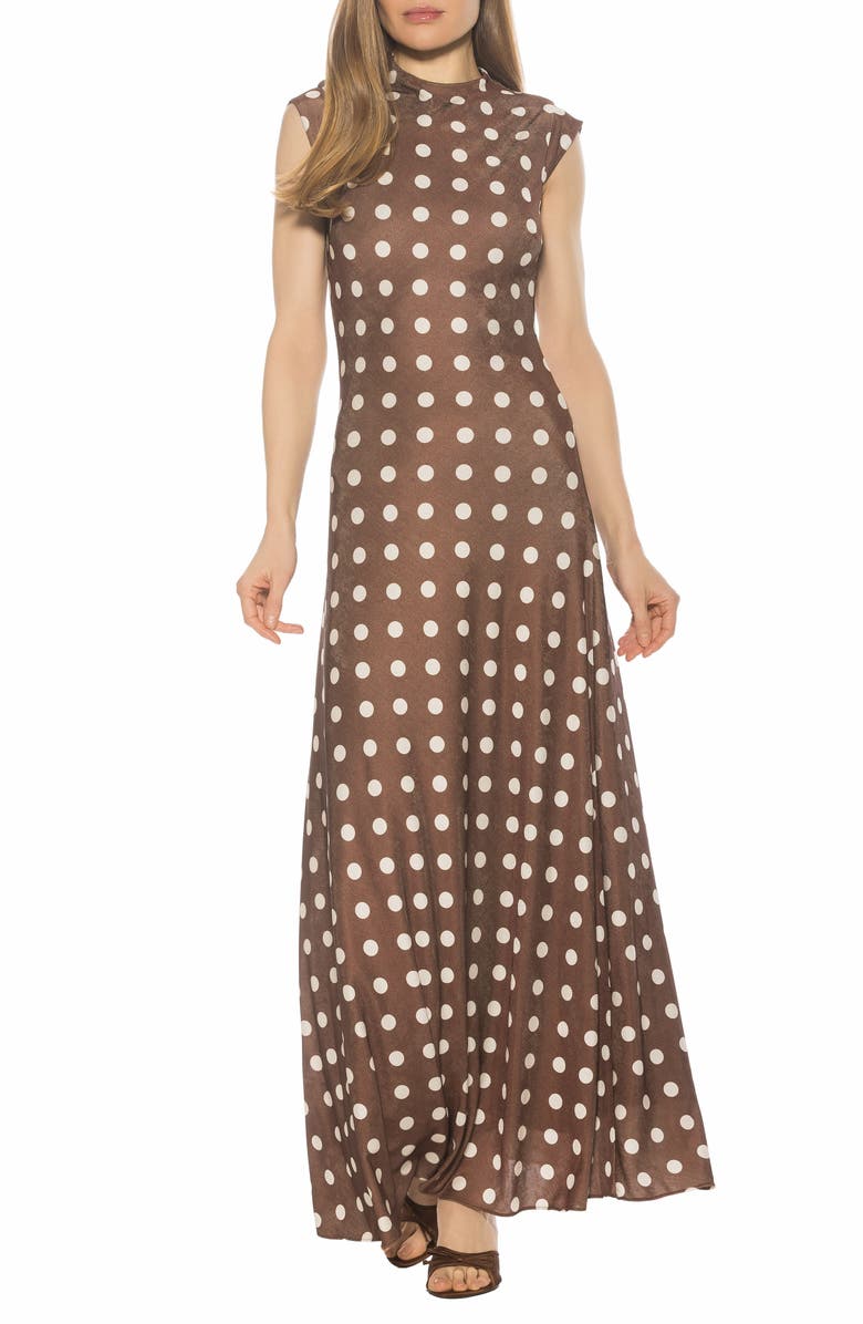 Alexia Admor Nalani Mock Neck Maxi Dress, Main, color, Brown Polka