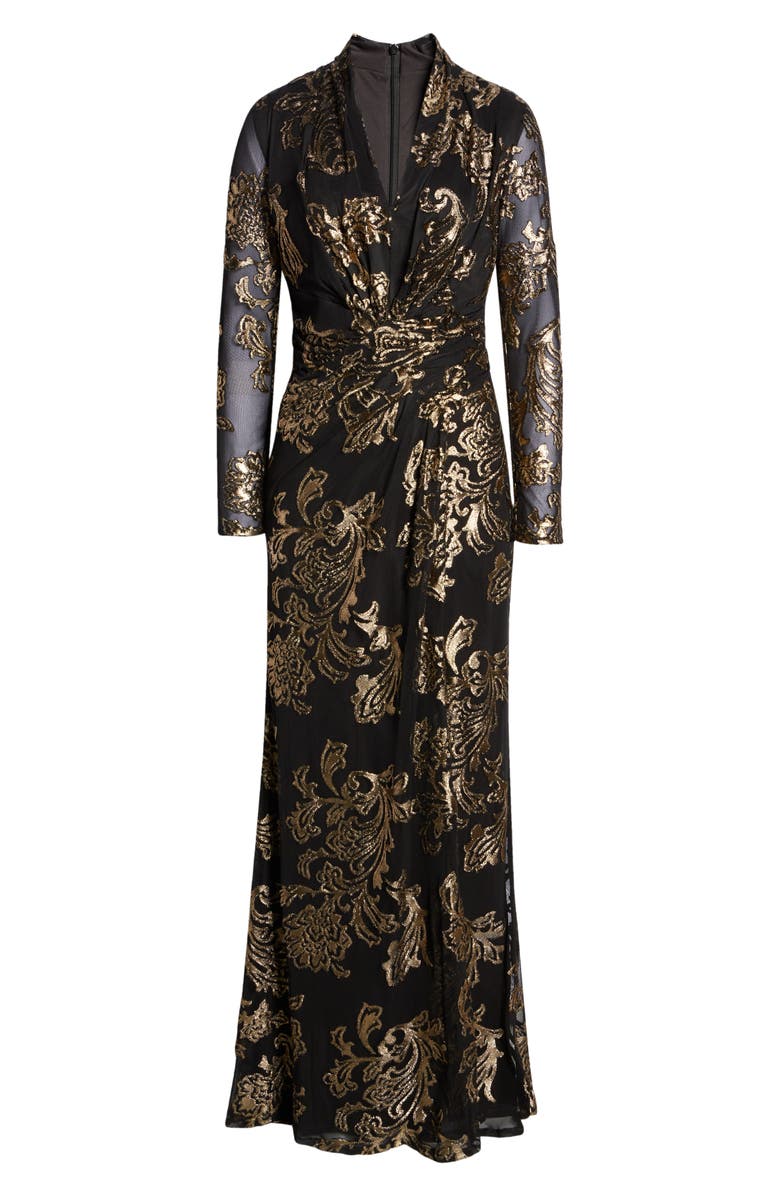 Tadashi Shoji Metallic Floral Long Sleeve Gown, Alternate, color,