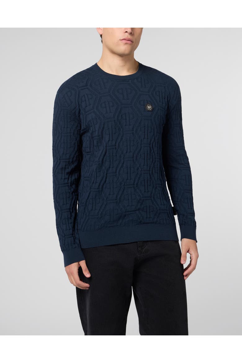 Jacquard Round Neck Pullover Monogram Men, Main, color, navy