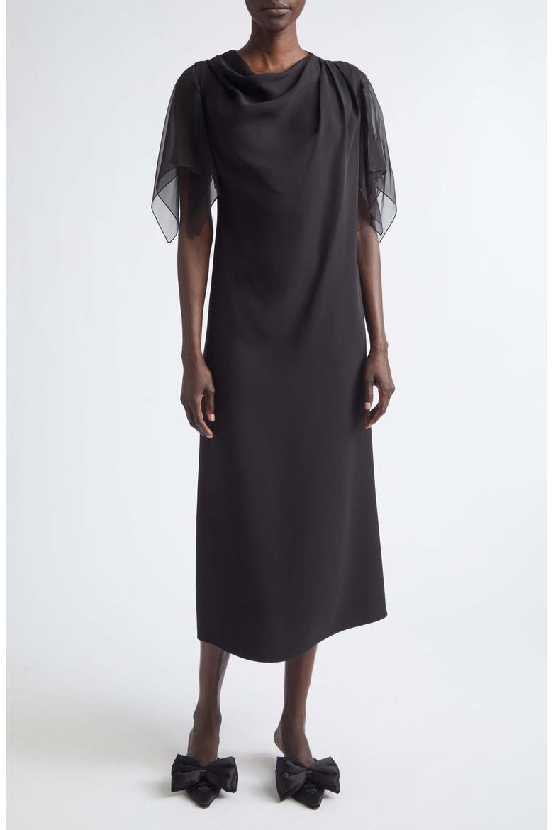 Draped Silk Cady Couture & Chiffon Midi Dress, Main, color, BLACK