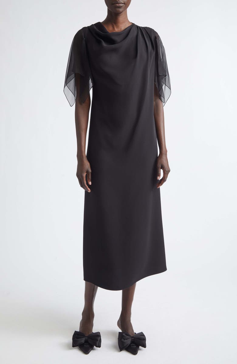 Valentino Draped Silk Cady Couture & Chiffon Midi Dress, Main, color, Black