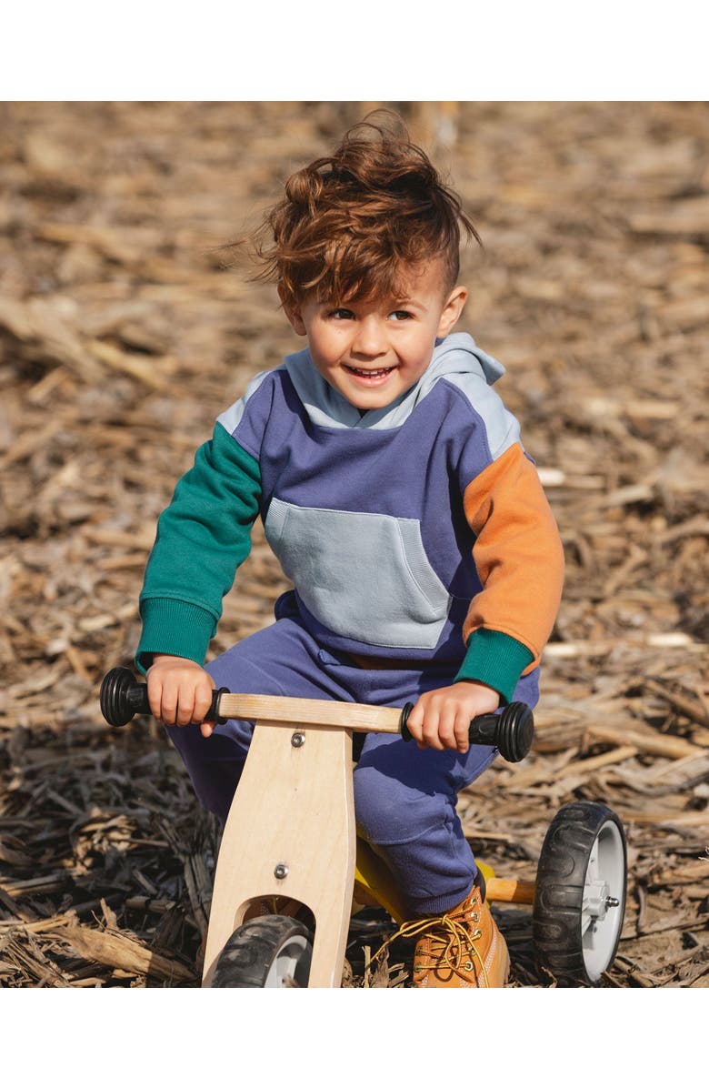 Deux par Deux Long Sleeve Colorblocked Hooded Fleece Sweatshirt, Main, color, Colorblock Blue