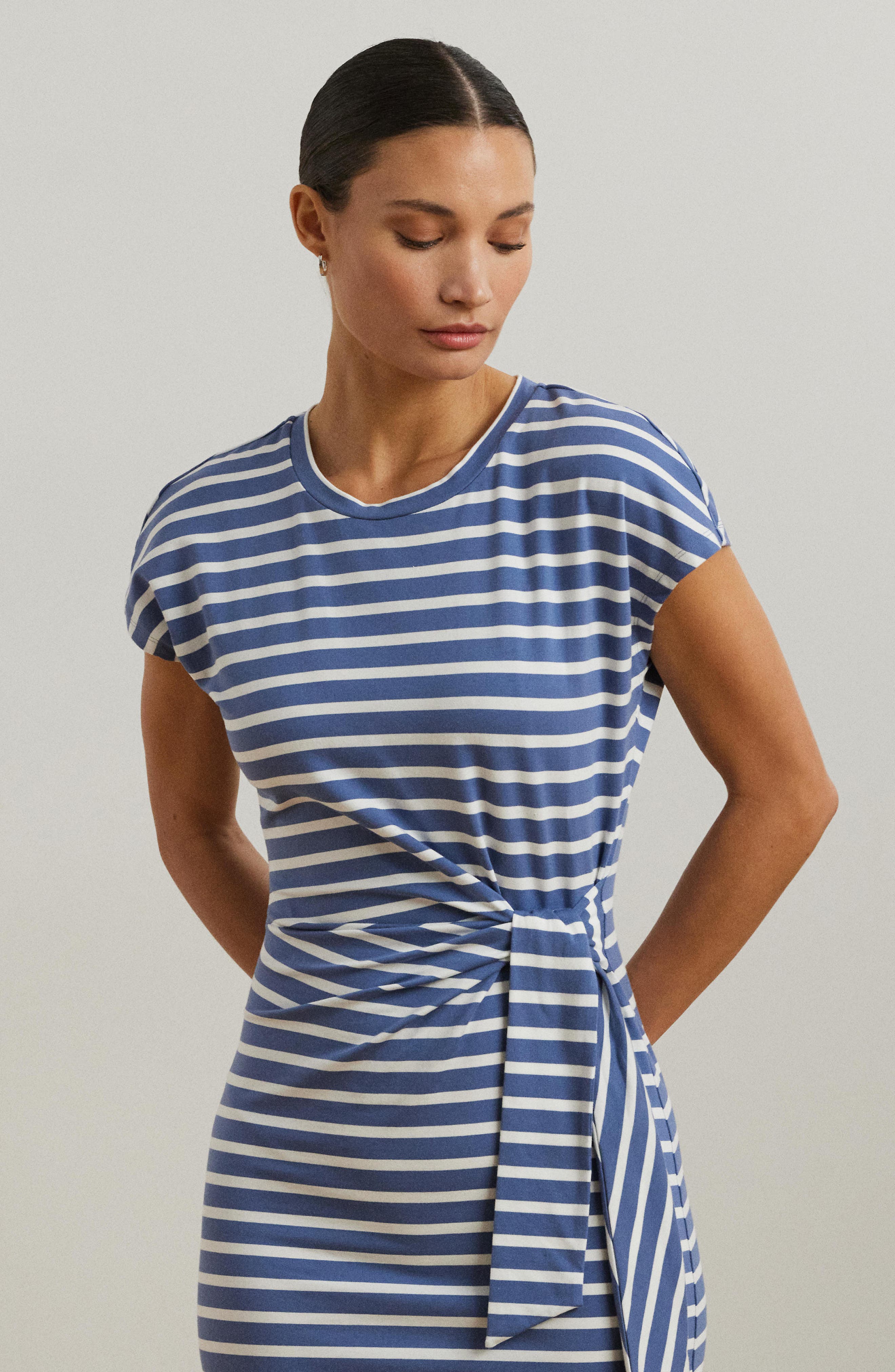 Lauren Ralph Lauren Stripe Tie Front Cotton Blend Jersey Dress (Women)