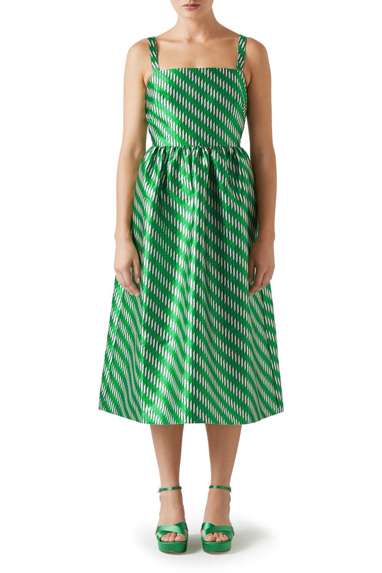 Elodie Metallic Geo Jacquard Midi Dress, Main, color, GREEN