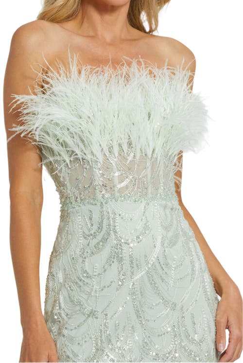 Mac Duggal Strapless Feather Bustier Gown With Embroidery In Mint