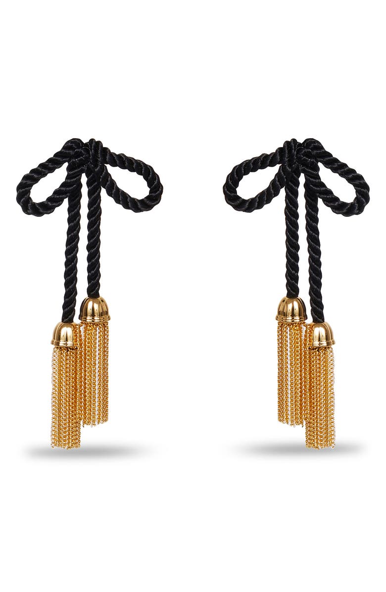 Lele Sadoughi Jet Bow Tassel Drop Earrings, Main, color, 