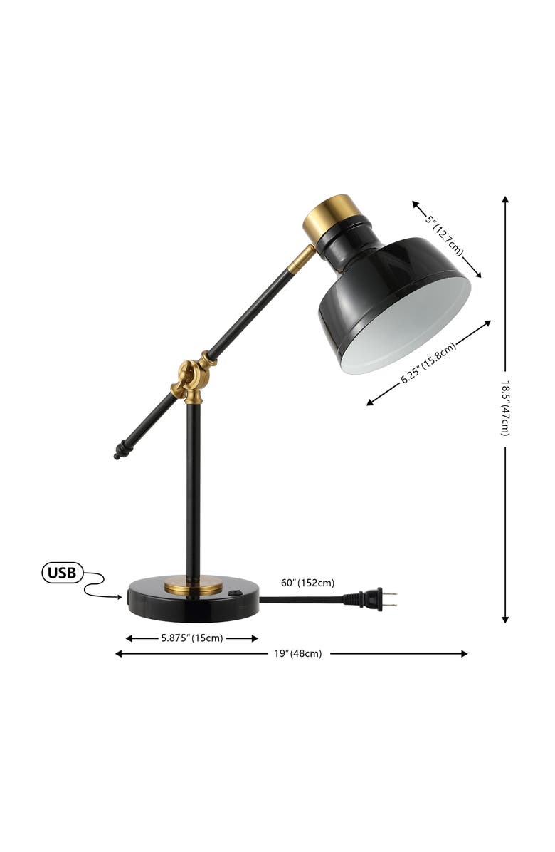 JONATHAN Y Allegra Classic Farmhouse Adjustable Cantilever LED Task Lamp with USB Charging Port, Alternate, color, Black/Brass Gold