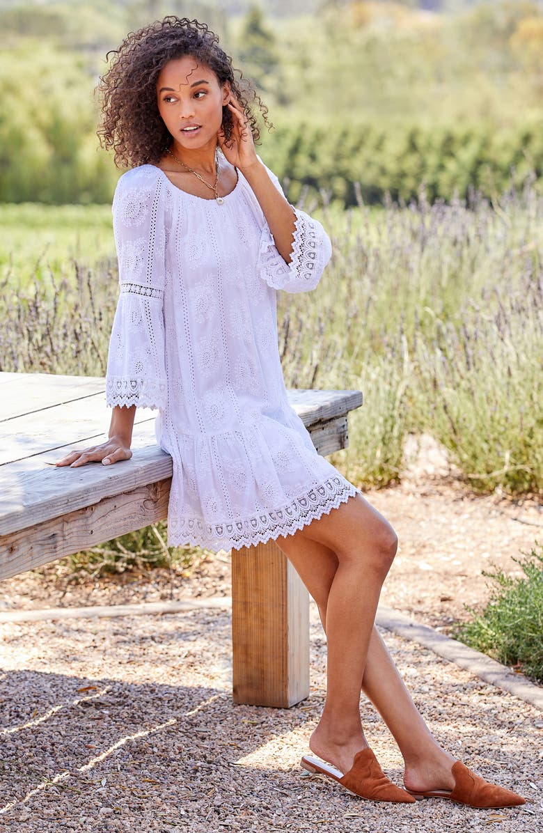 Karen Kane Mixed Lace Trim Long Sleeve Eyelet Shift Dress, Alternate, color, 