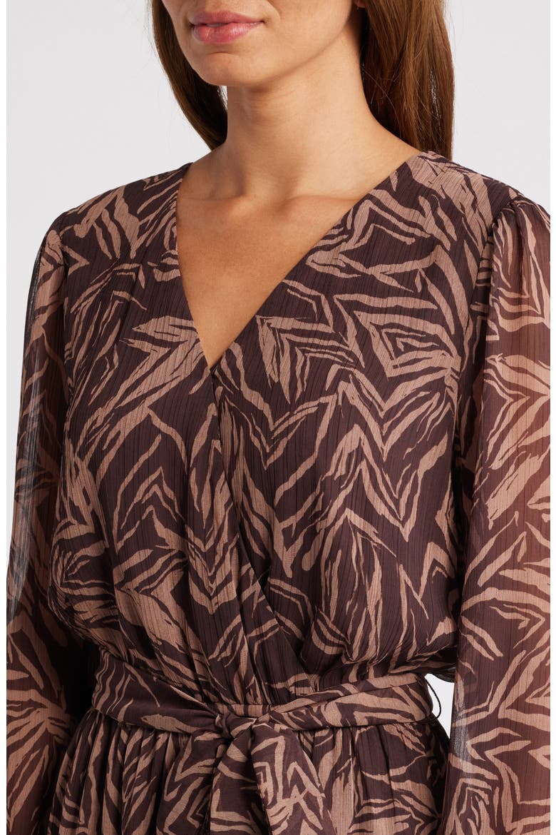Long Sleeve Faux Wrap Dress, Alternate, color, BROWN- TAN