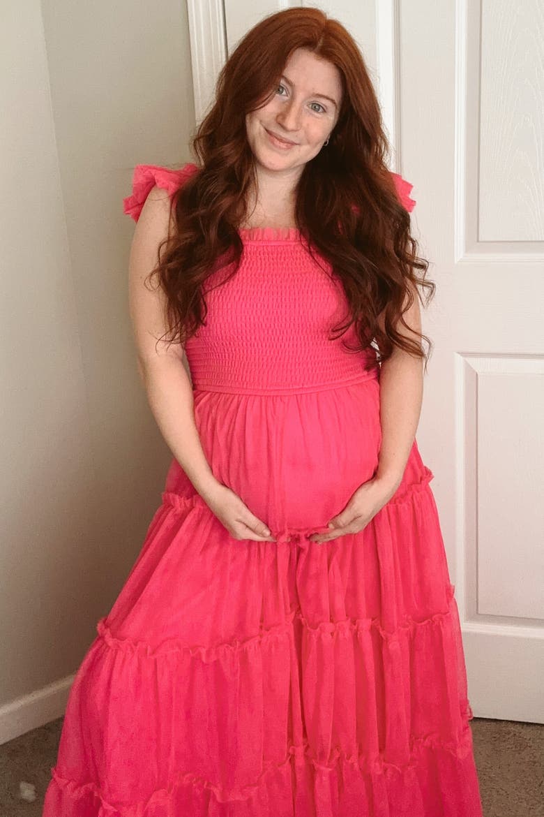 Smocked Mesh Ruffle Accent Midi Dress, Alternate, color, Fuschia