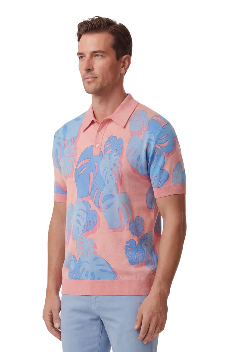 Lords of Harlech Monstera Floral Mens Merino Silk Cashmere Polo, Alternate, color, Monstera Floral Coral